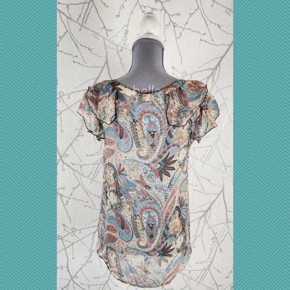 Esprit Paisley Printed 100% Silk Ruffle Sheer Blouse Fairy Y2K - Picture 4 of 5